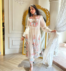 Women White Georgette Kurta Pant and Georgette Dupatta set