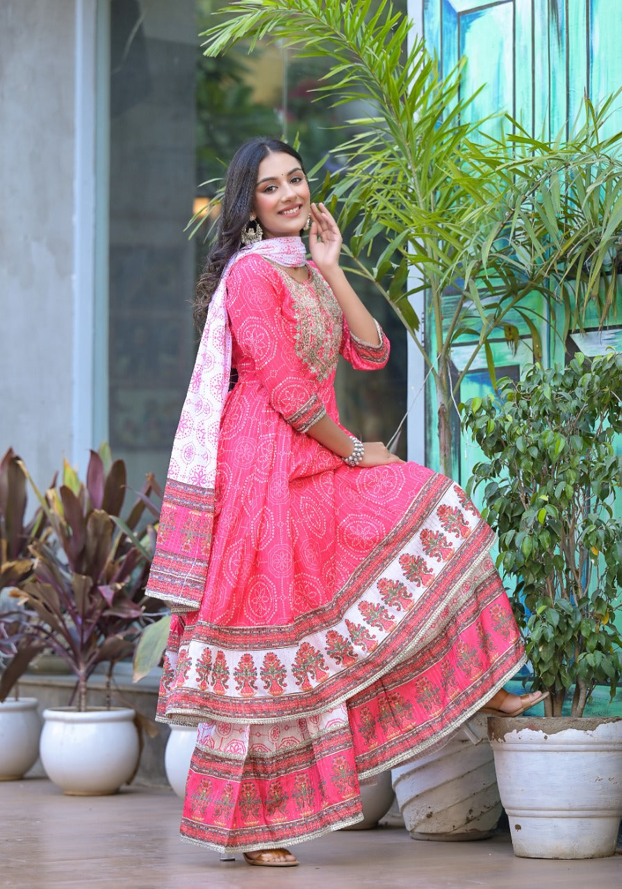 Women Pink Cotton Kurta Sharara and Dupatta set