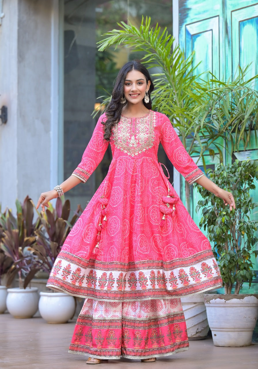 Women Pink Cotton Kurta Sharara and Dupatta set