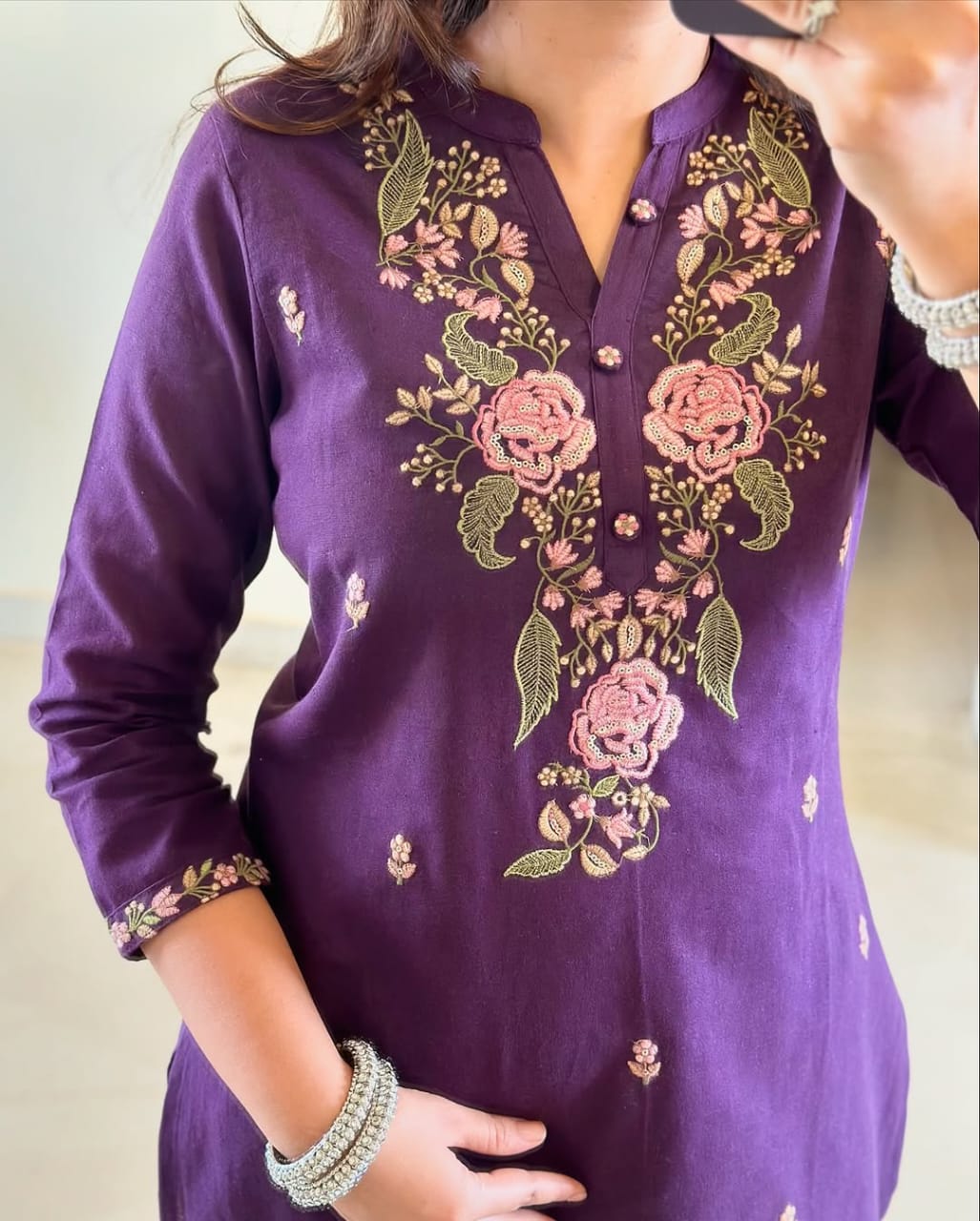 Women Purple Cotton M&S Embroidery Kurta Pant and Dupatta Set