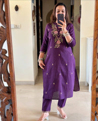 Women Purple Cotton M&S Embroidery Kurta Pant and Dupatta Set