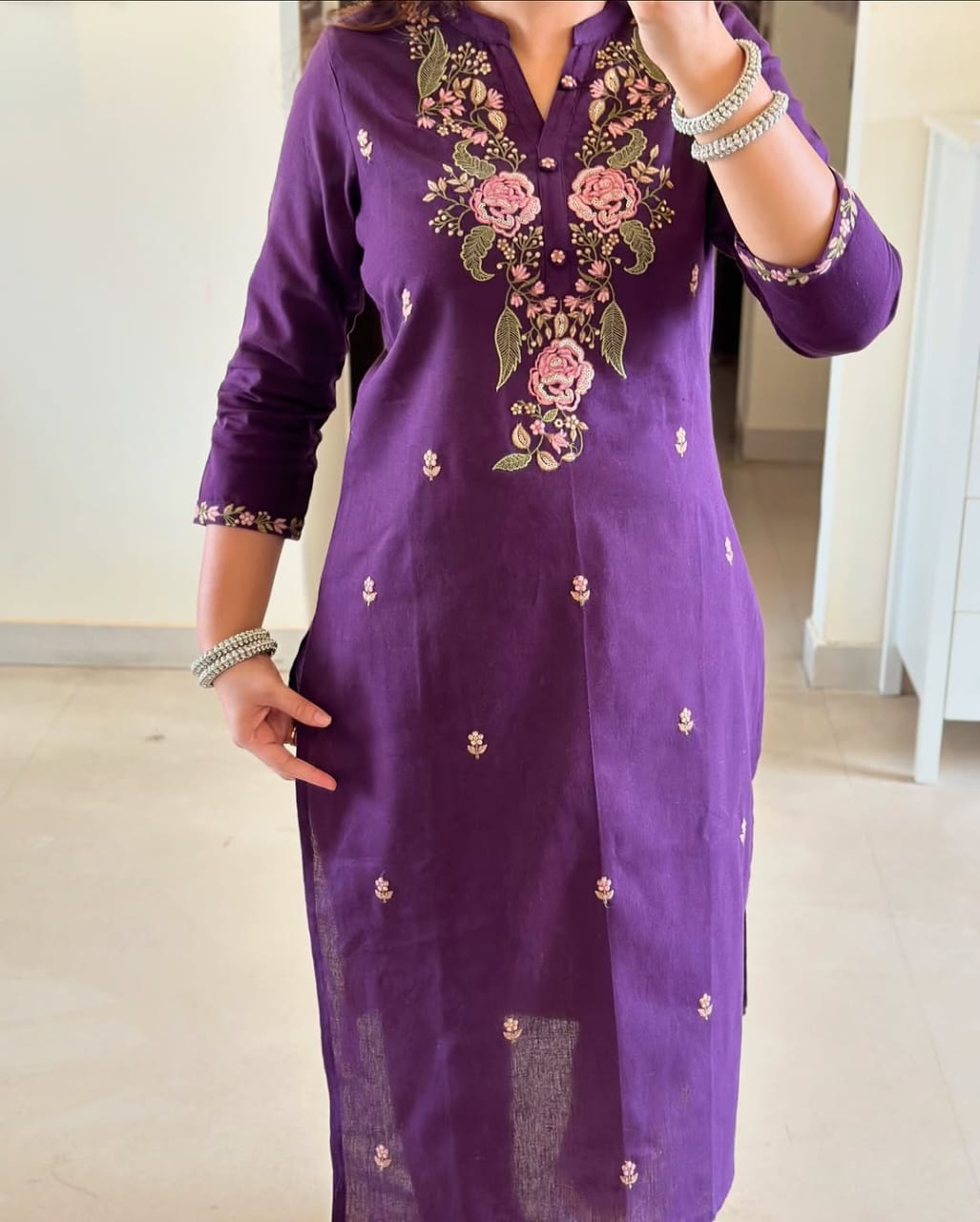 Women Purple Cotton M&S Embroidery Kurta Pant and Dupatta Set