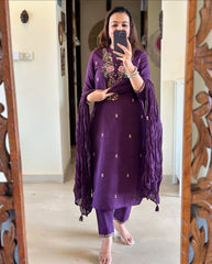 Women Purple Cotton M&S Embroidery Kurta Pant and Dupatta Set