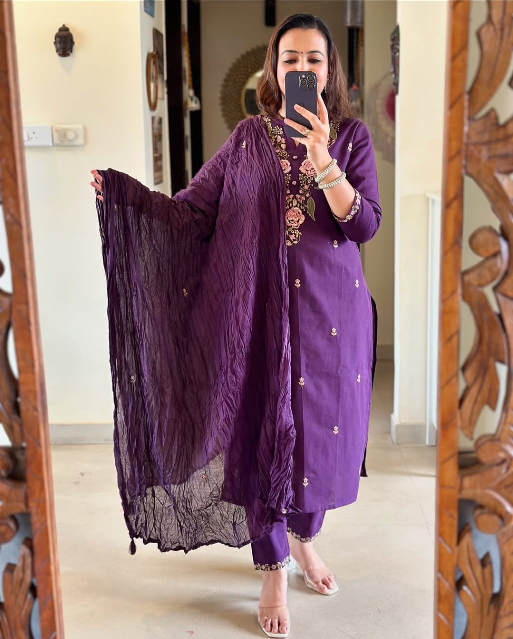 Women Purple Cotton M&S Embroidery Kurta Pant and Dupatta Set