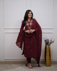 Women Maroon Cotton M&S Embroidery Kurta Pant and Dupatta Set