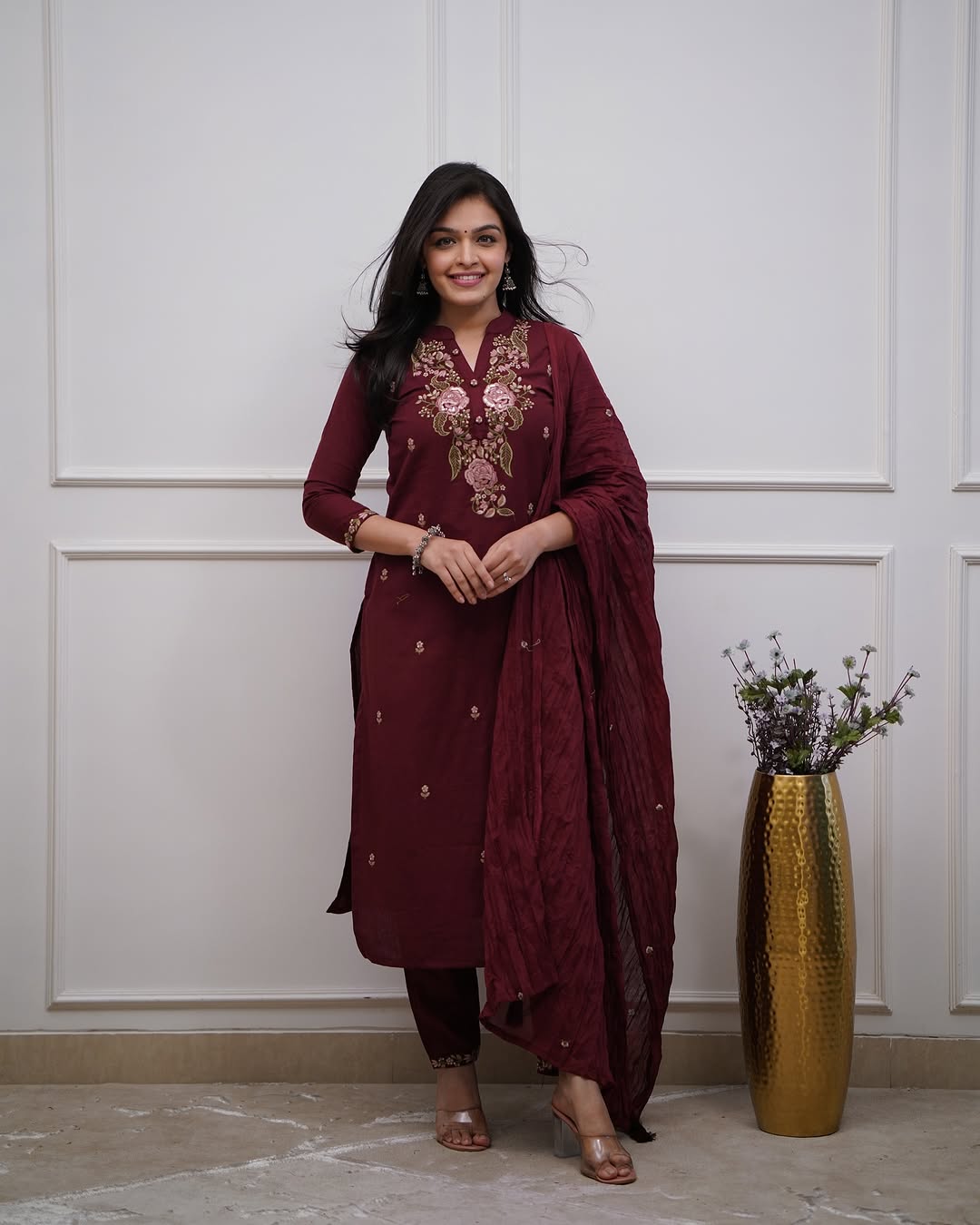 Women Maroon Cotton M&S Embroidery Kurta Pant and Dupatta Set