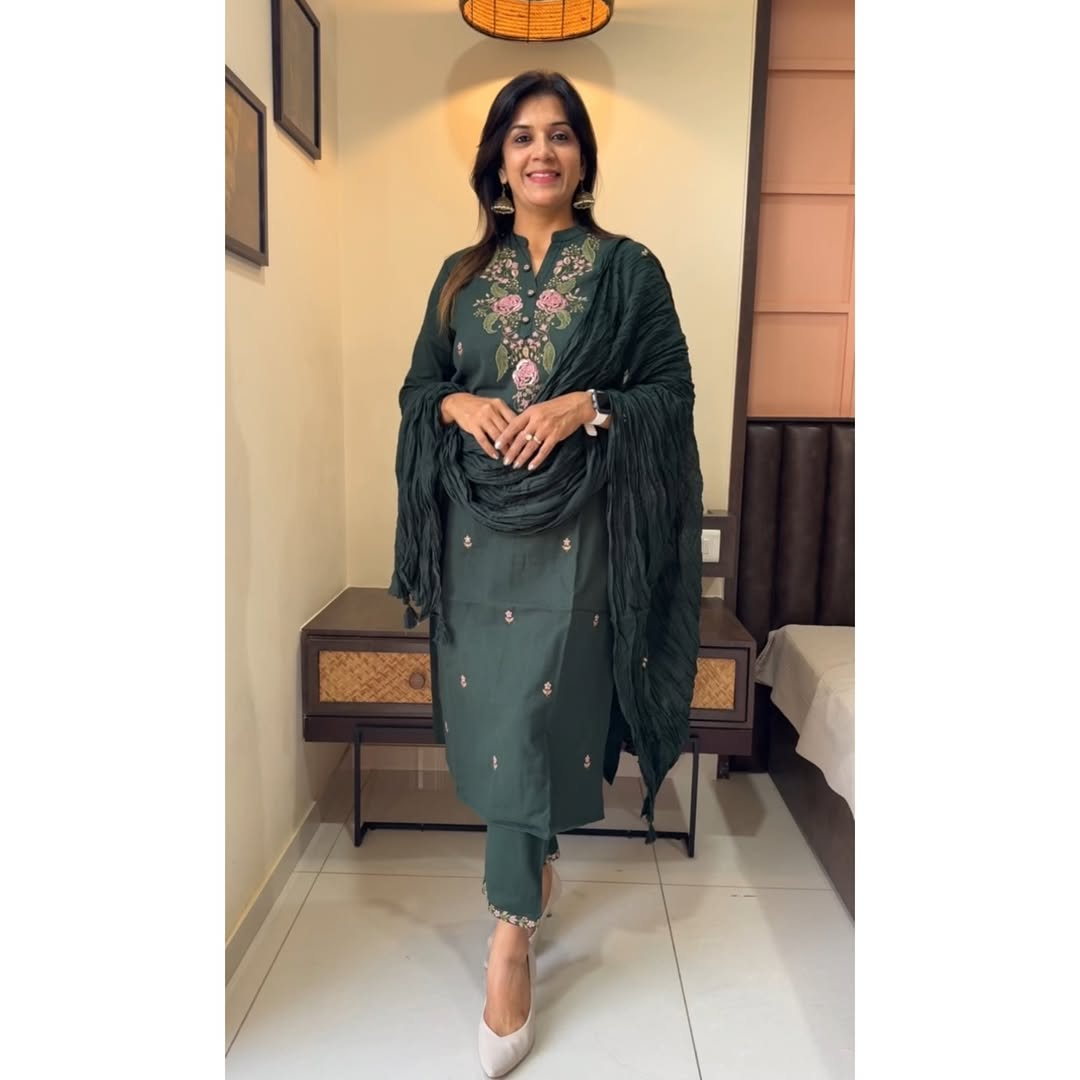 Women Green Cotton M&S Embroidery Kurta Pant and Dupatta Set