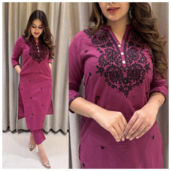 Women Magenta Cotton Embroidery Kurta Pant set