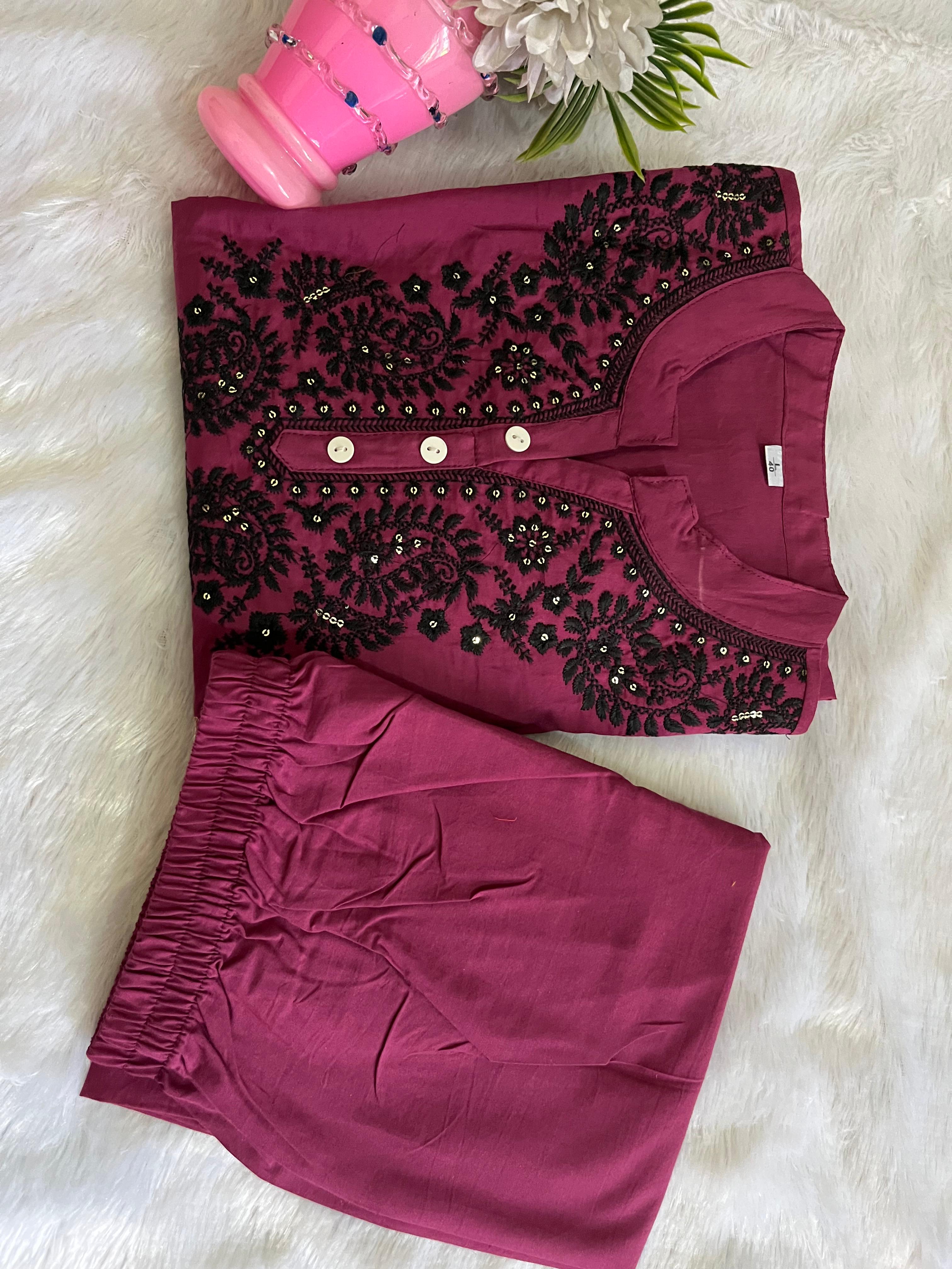 Women Magenta Cotton Embroidery Kurta Pant set