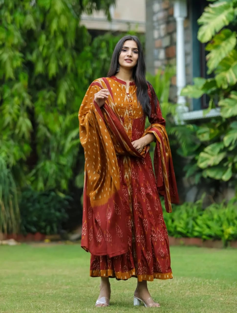 Women Maroon Cotton Anarkali Kurta Pant and Mulmul Dupatta set
