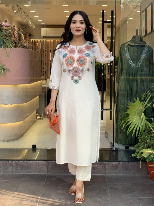 Women Cotton Off-White Flex Kurta Pant set