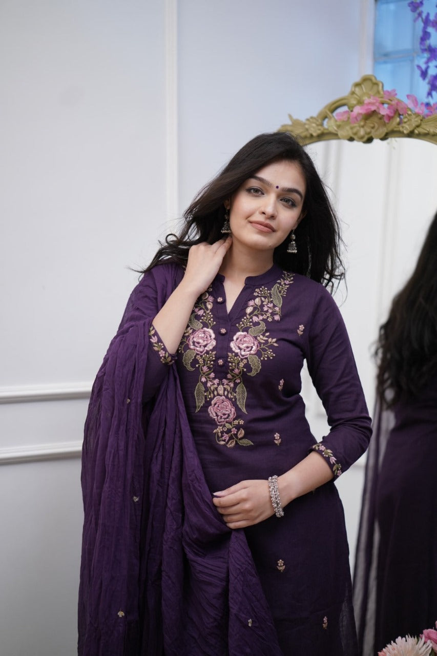 Women Purple Cotton M&S Embroidery Kurta Pant and Dupatta Set