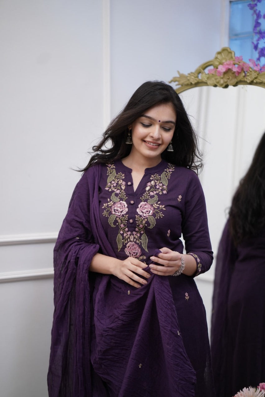 Women Purple Cotton M&S Embroidery Kurta Pant and Dupatta Set