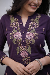 Women Purple Cotton M&S Embroidery Kurta Pant and Dupatta Set