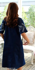 Women Blue Cotton Embroidery Front Middi Gown