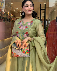 Women Green Cotton Embroidery Kurta Pant and Organza Dupatta set