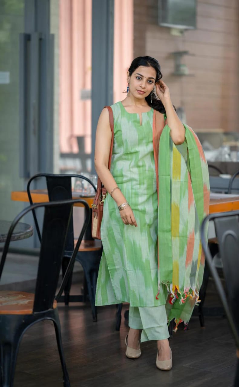 Women Green South Cotton Shade Kurta Pant and Dupatta set