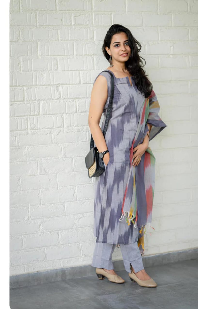 Women Grey South Cotton Shade Kurta Pant and Dupatta set