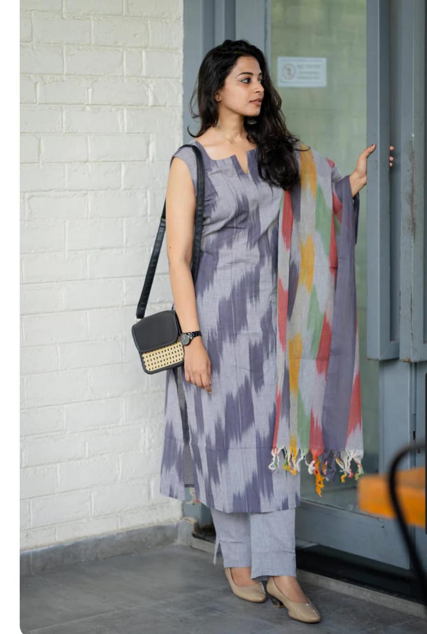 Women Grey South Cotton Shade Kurta Pant and Dupatta set
