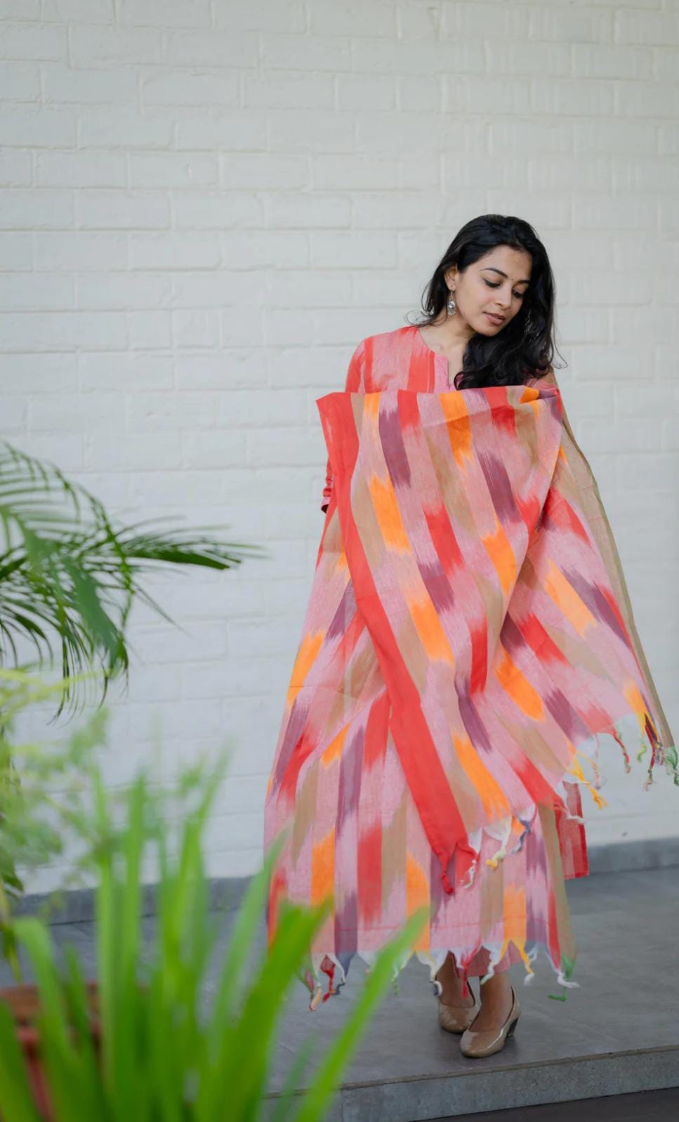 Women Red South Cotton Shade Kurta Pant and Dupatta set