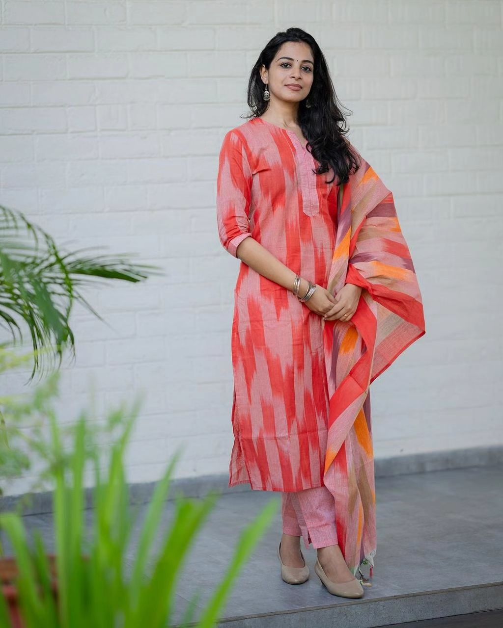 Women Red South Cotton Shade Kurta Pant and Dupatta set