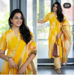 Women Yellow South Cotton Shade Kurta Pant and Dupatta set