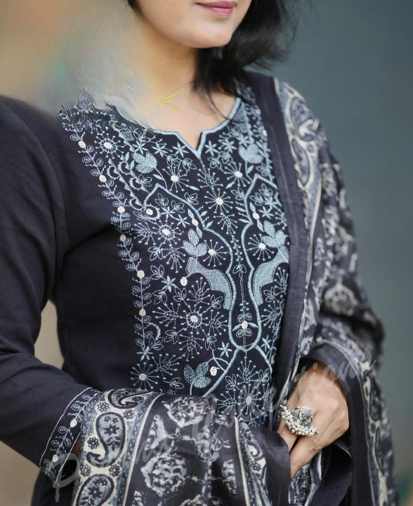 Women Black Cotton Embroidery Kurta Pant and Silk Dupatta set