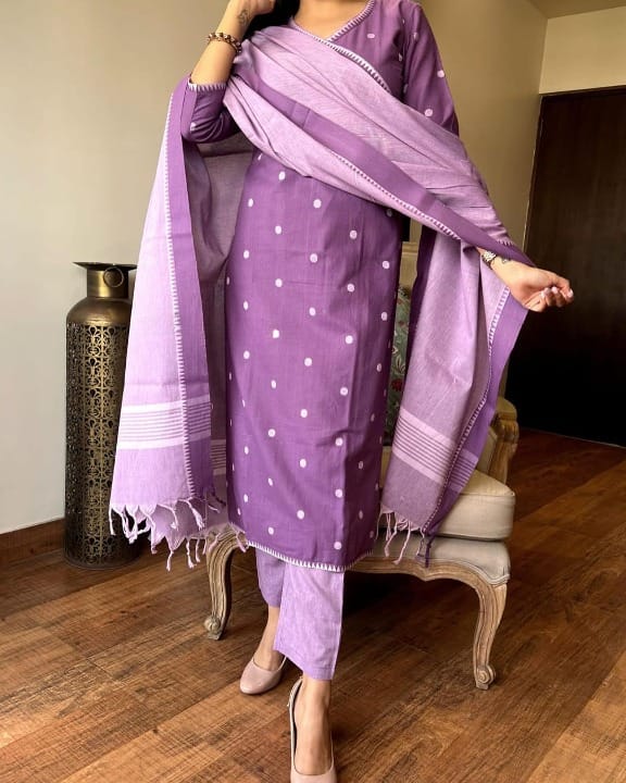 Women Purple South Cotton Kurta Pant and Dupatta set