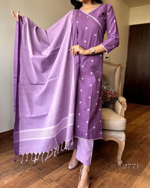 Women Purple South Cotton Kurta Pant and Dupatta set