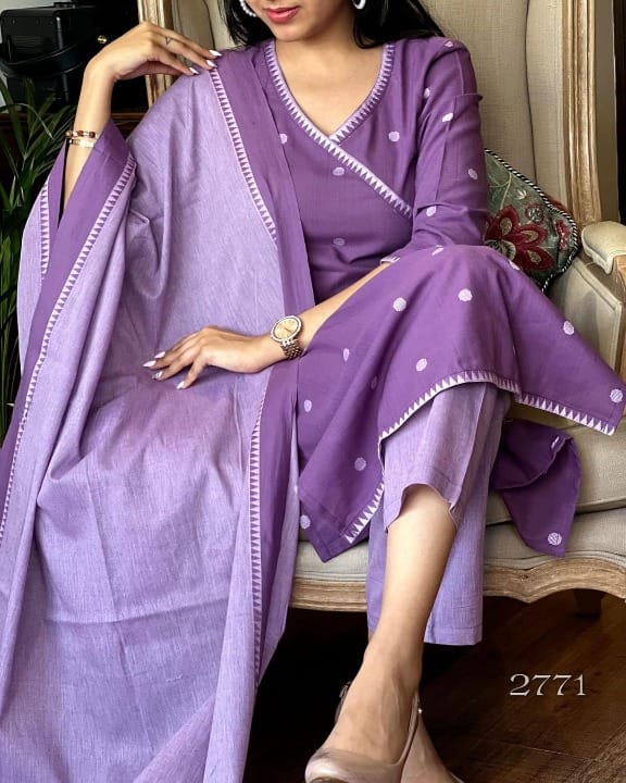 Women Purple South Cotton Kurta Pant and Dupatta set