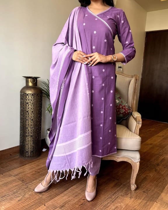 Women Purple South Cotton Kurta Pant and Dupatta set