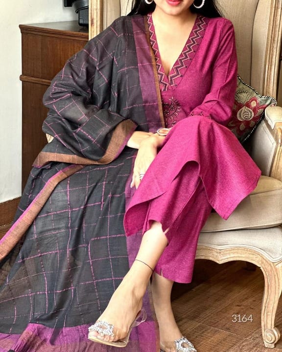 Women Plum South Handloom Cotton Kurta Pant and Dupatta set