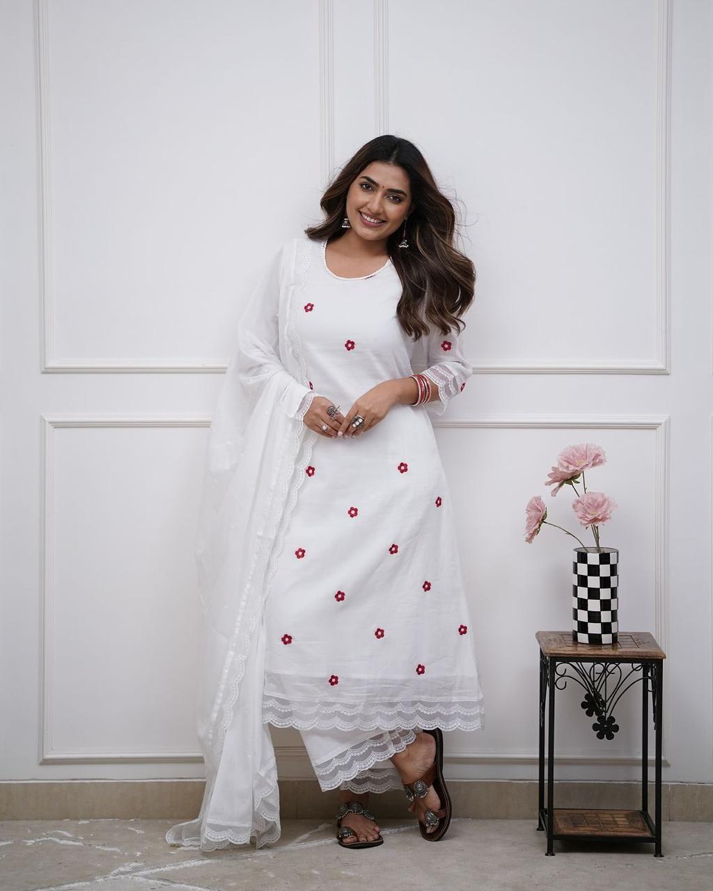 Women White Cotton Summer Exotic Kurta Pant and Dupatta set
