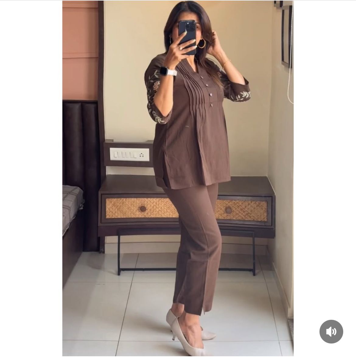 Women Brown Cotton Embroidery Co-Ord set