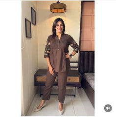 Women Brown Cotton Embroidery Co-Ord set