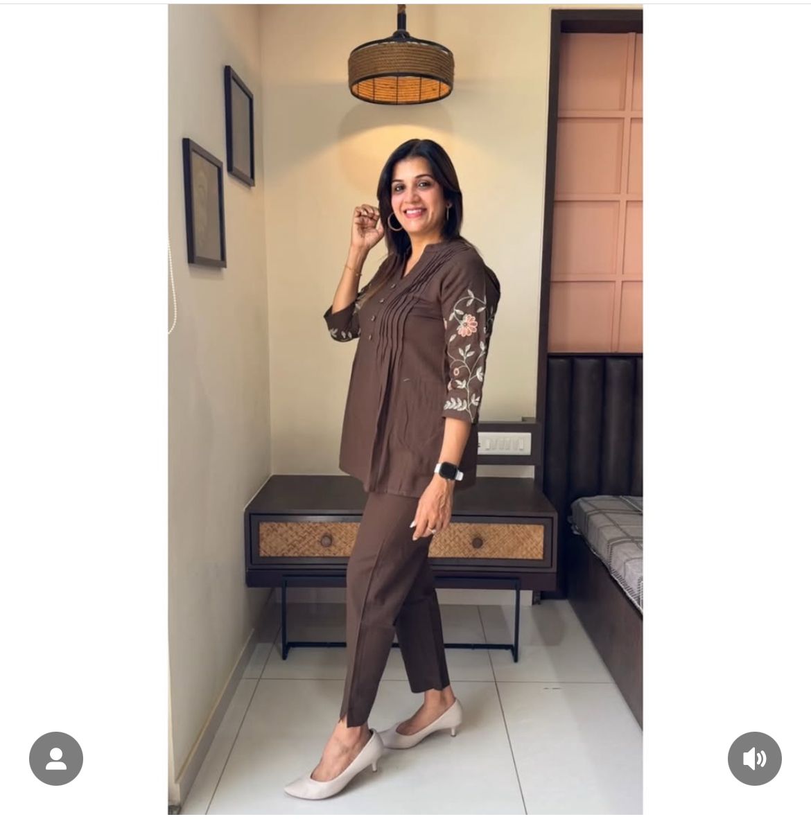 Women Brown Cotton Embroidery Co-Ord set