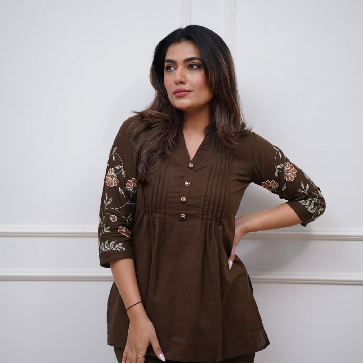Women Brown Cotton Embroidery Co-Ord set