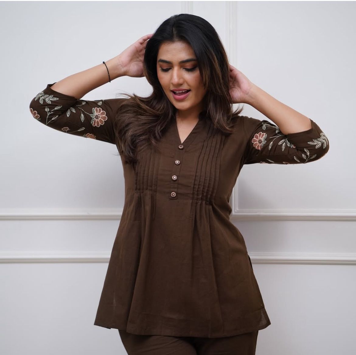 Women Brown Cotton Embroidery Co-Ord set