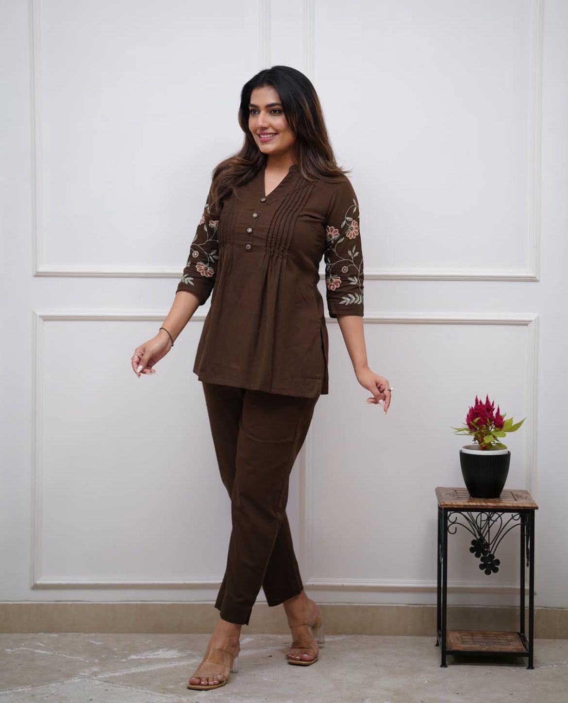 Women Brown Cotton Embroidery Co-Ord set