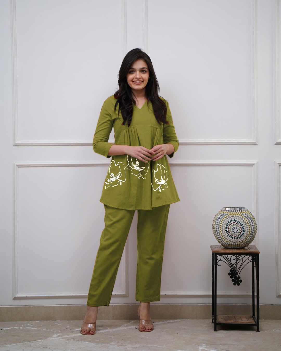 Women Green Cotton Flower tunic Co-Ord set