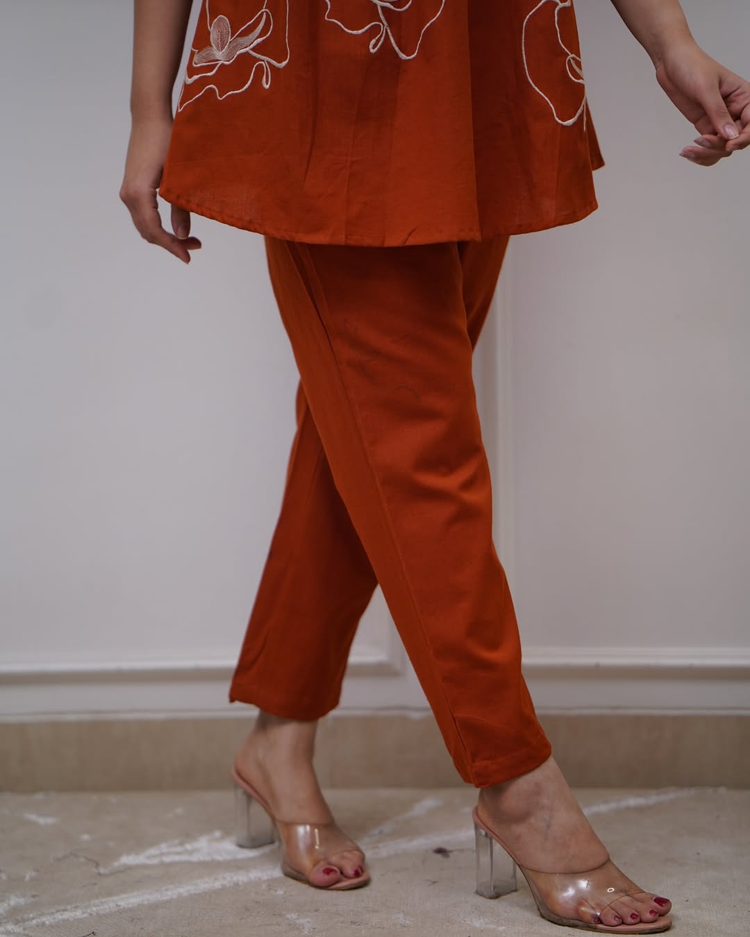 Women Orange Cotton Flower tunic Co-Ord set
