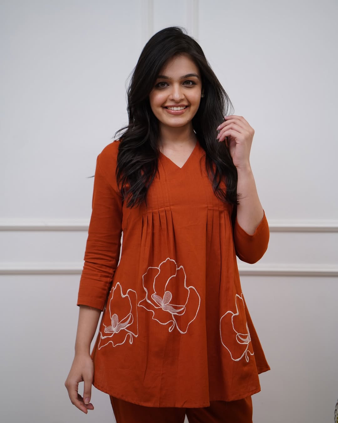 Women Orange Cotton Flower tunic Co-Ord set