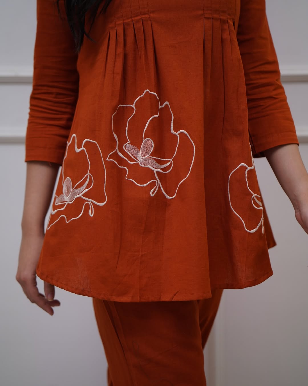 Women Orange Cotton Flower tunic Co-Ord set