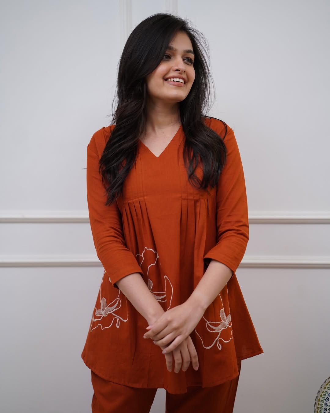 Women Orange Cotton Flower tunic Co-Ord set