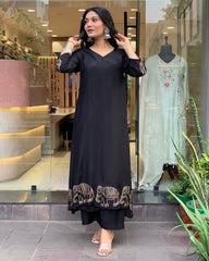 Women Black Cotton Hathi Kurta Pant set