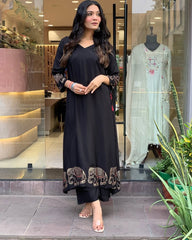 Women Black Cotton Hathi Kurta Pant set