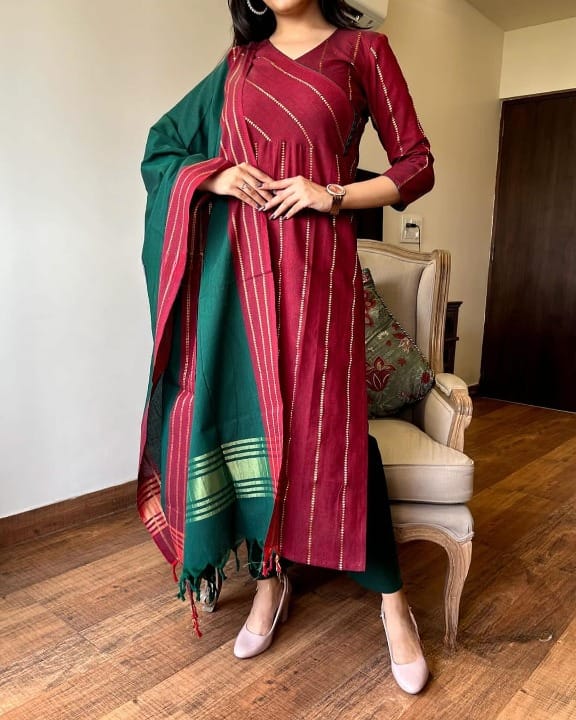 Women Red South Handloom Cotton Kurta Pant and Dupatta set