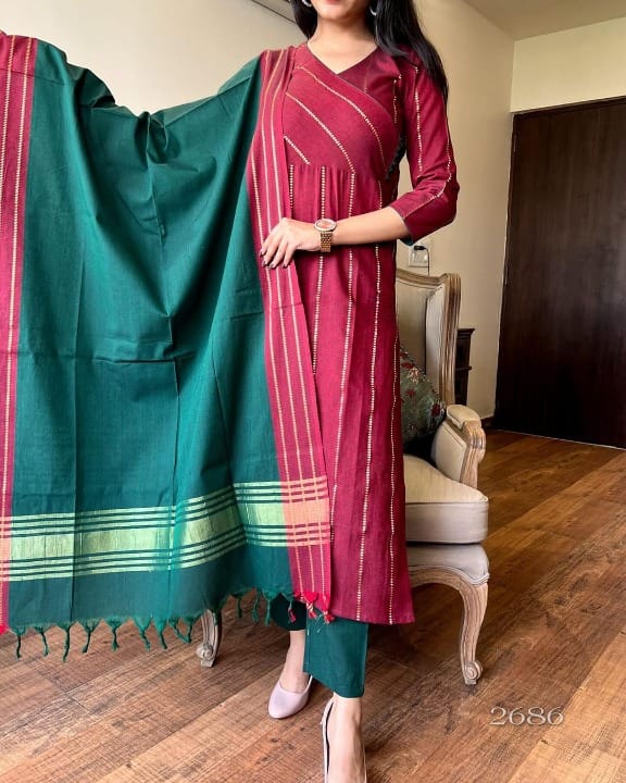 Women Red South Handloom Cotton Kurta Pant and Dupatta set