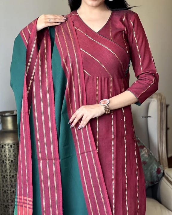 Women Red South Handloom Cotton Kurta Pant and Dupatta set