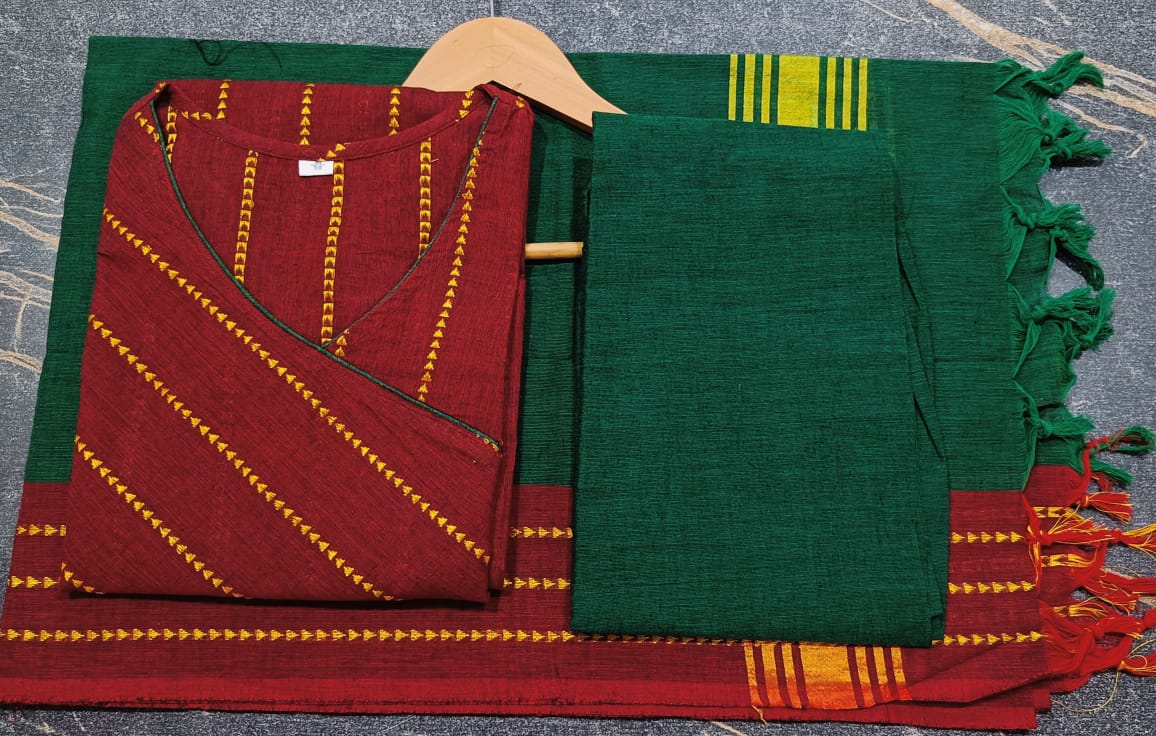 Women Red South Handloom Cotton Kurta Pant and Dupatta set